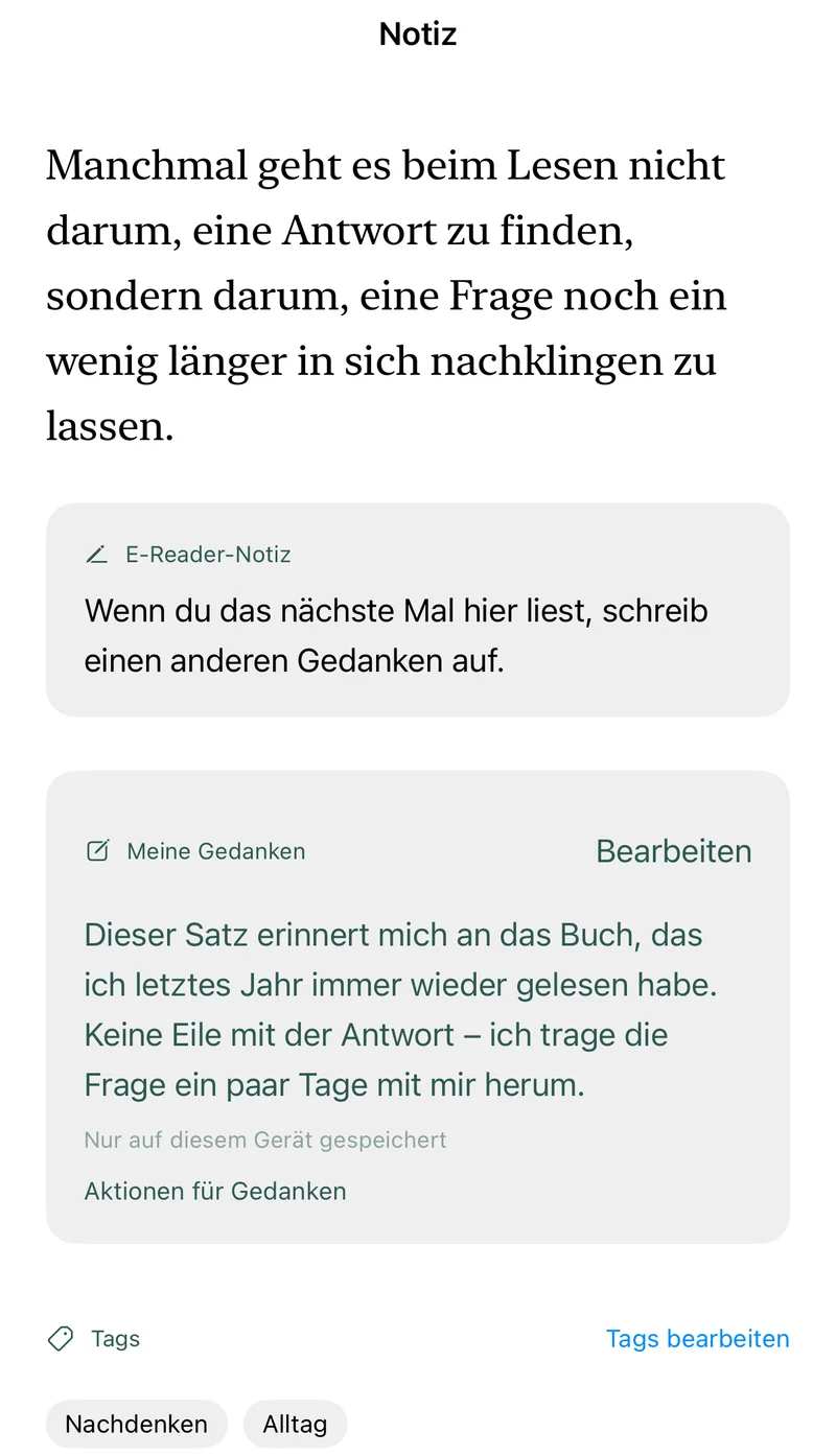 Notizansicht aus dem eingebauten Beispiel von LeafTrove 1.3: eine Markierung, die Notiz vom E-Reader, „Meine Gedanken“, Tags sowie die Tasten zum Favorisieren und zum Hinzufügen zur Wiederholung.