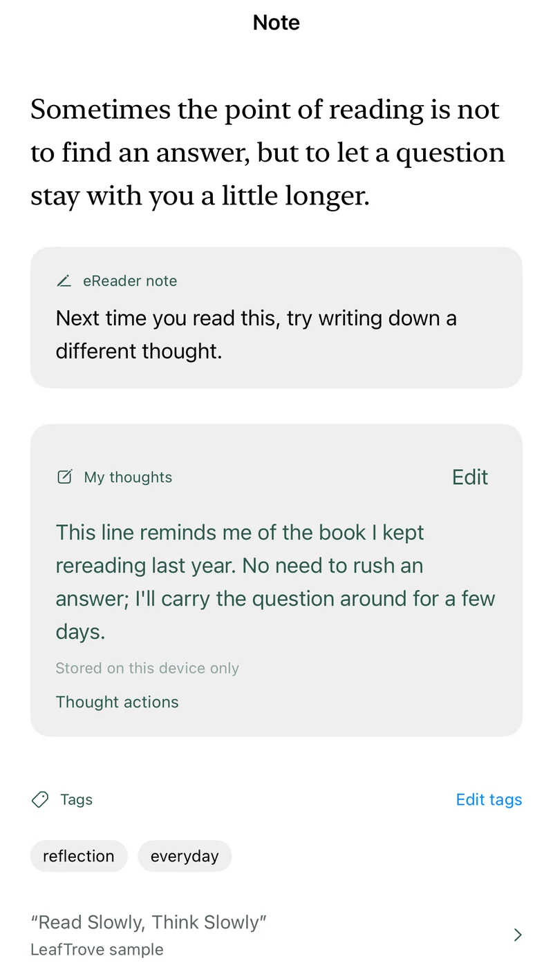LeafTrove 1.3 note screen with the built-in sample: a highlight, the eReader note, “My thoughts”, tags, and buttons to favorite the note or add it to review.